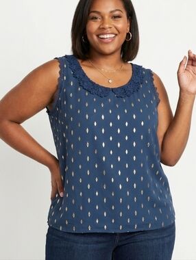 LC Lauren Conrad Plus Size Navy Sleeveless Camisole with Floral Lace Collar